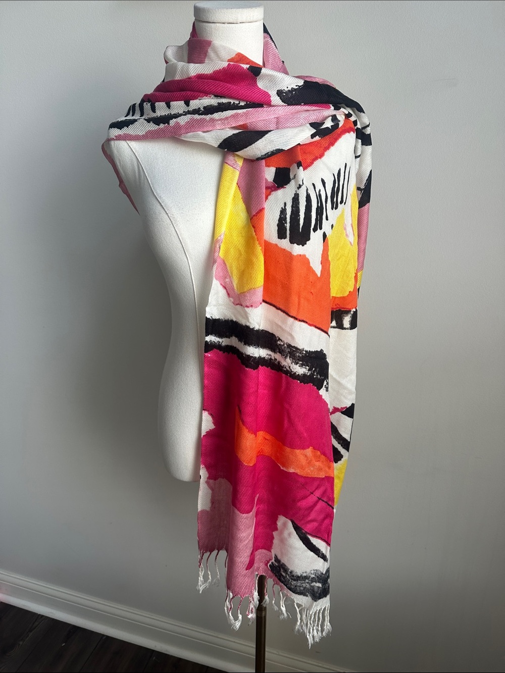 Bright Bold‎ Abstract Print Womens Scarf Shawl 27x72 Quirky Wearable Art Fringe
